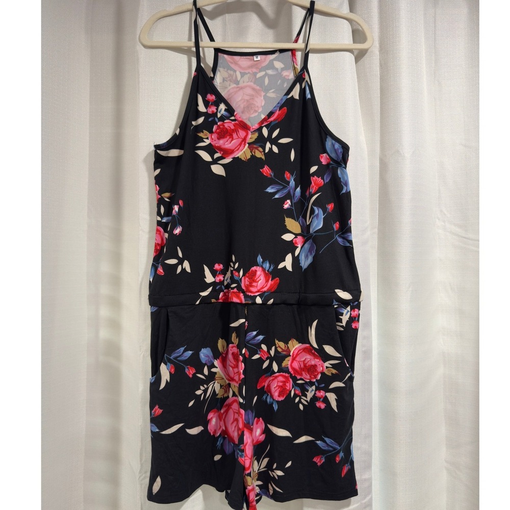 Floral‎ V-Neck Romper Black Pink Rose Print Sleeveless Pocketed Jumpsuit Medium